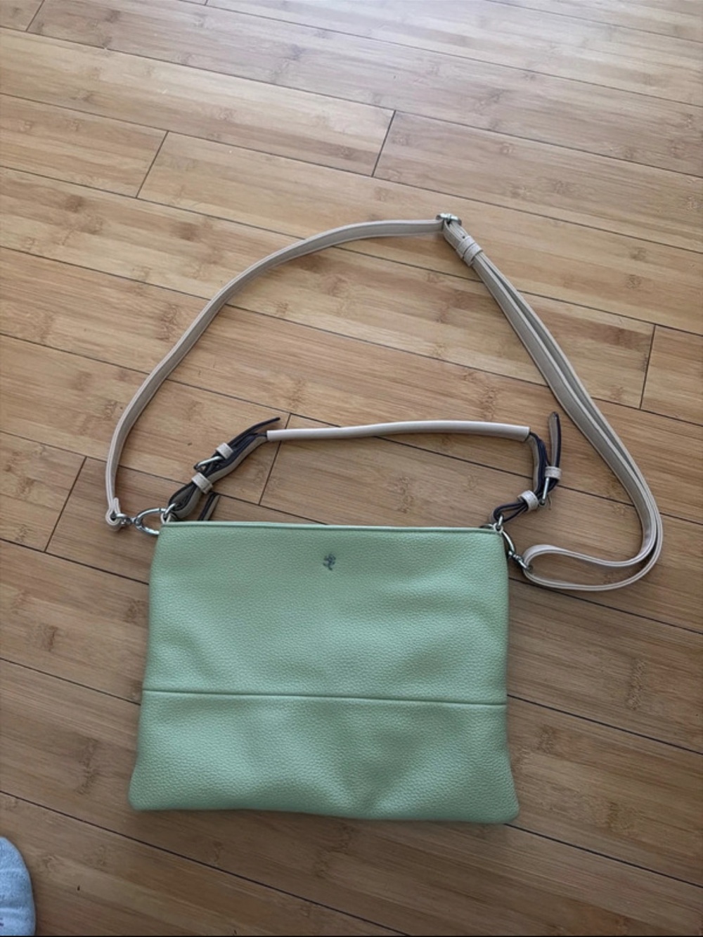 Mint Green Pebbled Leather Crossbody Bag with Cream Strap